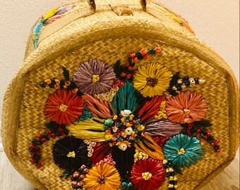 Vintage Island Straw Tote with Colorful Raffia, LARGE, 16” H x 10” D,  Straw Suitcase, Straw Luggage, Wicker Suitcase @ Florida Rediscovered