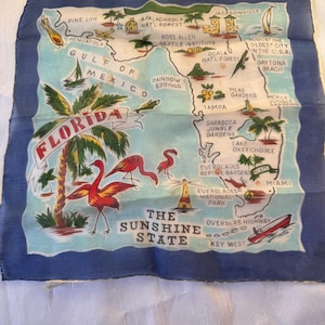 May include: A vintage Florida souvenir handkerchief with a map design. The map features illustrations of landmarks, cities, and wildlife, including flamingos and a lighthouse. The text "The Sunshine State" is prominently displayed.