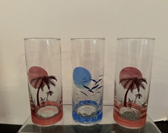 Florida High Ball Glassware Panache Palm Trees Seagulls Vintage Florida Sunset Sunrise Palm Beach set of 3 at Florida Rediscovered