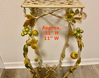 GARDEN TABLE, Folding Table, Plant Stand,  Grapes, Pears, Apples Garden Decor Metal Table, Weave Top at Florida Rediscovered