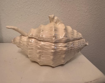 SHELL SERVING BOWL vintage 1977 Cocktail Sauce, Tartar Sauce, Tahini Florida Seashell Sea Shell Conch Seafood  at Florida Rediscovered