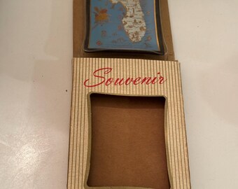 FLORIDA POSTCARD GLASS with Original Box 1960s Souvenir Palm Trees Pink Flamingo Gators Miami Palm Beach Tampa Collectible