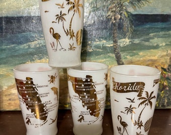 Vintage Florida Souviner Glassware Set of 4 Frosted Glass with Metalic Gold Map and More 5”- Beautiful Condition at Florida Rediscovered