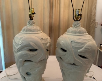 DOLPHIN LAMPS PAIR 1980’s with  Nightlights Within Base Coastal Tropical Seaside Cottage at Florida Rediscovered