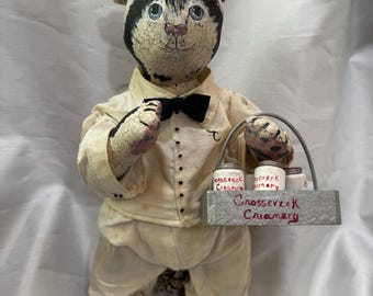 CAT VINTAGE 90s Hand Painted Folk Art Milkman Creamery Primitive Painted Muslin Oil Cloth Anthropomorphic Original