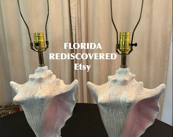 SEASHELL LAMPS PAIR 1980’s Shell Lamps Conch Shell -! 29.5” Height Coastal Tropical Seaside Cottage at Florida Rediscovered