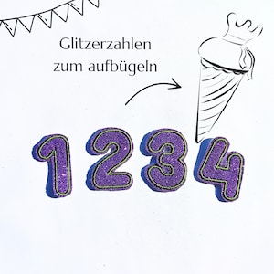 Könnte beinhalten: Vier lila Glitzer-Aufbügler in Form der Zahlen 1, 2, 3 und 4, jeweils mit einem dünnen grünen Rand versehen. Das Bild enthält eine Strichzeichnung einer Eistüte sowie den Text Glitzerzahlen zum aufbügeln.