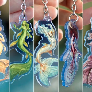Colourful mermaid acrylic keychain double-sided siren key charm, available as set of 2 & 5