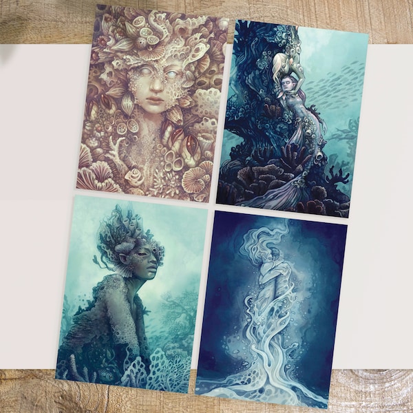 Slumbering Mermaids Art Postcards - Print of Original Artwork | Mythical Creatures | Merfolk Fantasy Illustrations | Optional set of 4