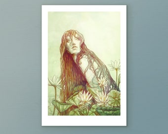 Signed Art Print "Gaze" | Fantasy Art - water nymph - naiad Artwork - waterlily decor - Mythical Creatures |