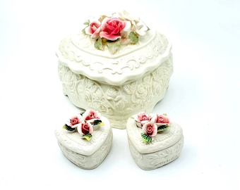 Vintage Bisque Heart Jewelry Boxes Set: Hand-Painted Floral Decor