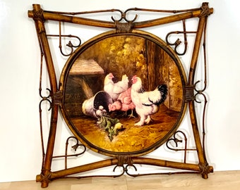 Vintage Bamboo and Rattan Framed Edgar Hunt Chickens In Barnyard Print on Wood Farmhouse Wall Decor Chicken Decor My40YearCollection