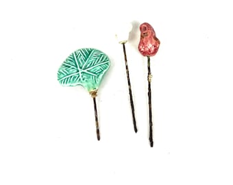 Vintage Flower Stakes - Set of Three Ceramic Figural Tops with Steel Stake - Flower Pot Decor - Garden Decor - My40YearCollection