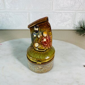 Vintage Krippe Klapp Trinket Box Keramik Krippe Schmuckschatulle Religiöses Sammlerstück