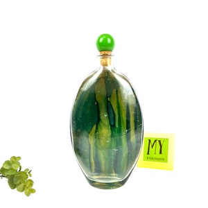 Vintage Decorative Glass Bottle - Il Quadrifoglio - Hand Decorated in Italy - Green and Gold Oval Flat Bottle with Top - My40YearCollection