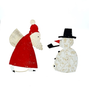 vintage Crate & Barrel, père Noël et bonhomme de neige, bougeoirs peints à la main