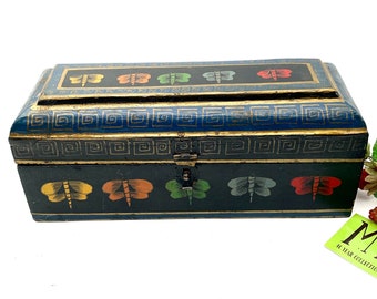 Vintage Hand Painted Wooden Box with Secret Compartment Butterfly and Greek Key Pattern Rustic Jewelry Box My40YearCollection