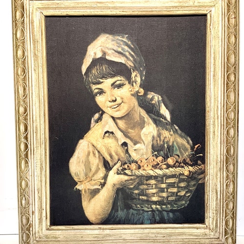 Vintage Framed Painting Country Girl by Holusa Artist Peasant Girl Carrying Basket of Cherries Rustic Farmhouse Wall Art My40YearCollection outlet