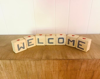 Vintage Handmade  Wooden Welcome Block Sign Wood Block Sign Welcome Sign Kid Room Decor Classroom Decor My40YearCollection