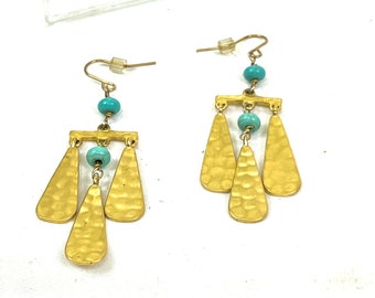 Vintage Gold Tone Three Part Tear Drop Dangle Earrings - Hammered Gold with Turquoise Bead Costume Jewelry Gift Idea My40YearCollection