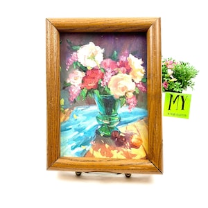Natureza morta vintage rosas em vaso verde impressão litográfica impressão de arte em papelão 4,5 x 6,5 moldura de madeira marrom decoração de parede My40YearCollection
