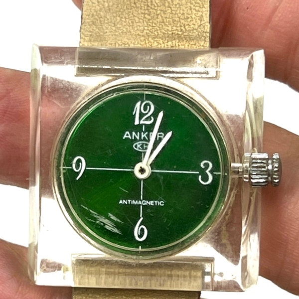 vintage très rare montre antimagnétique Anker KH, montre unisexe, montre carrée en acrylique transparent, cadran vert, montre pour pièces détachées, collection My40Year