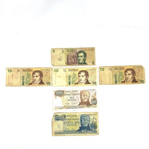 Vintage Paper Money - Bank Note Currency - Banco Central of Argentina - Pesos 5, 10, 1000, 5000 Bank Notes - My40YearCollection