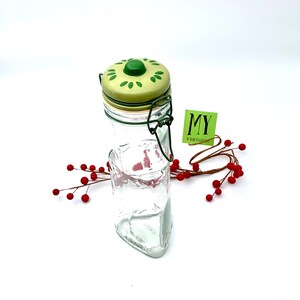 Vintage MSRF Glass Triangular Canister with Ceramic Green Lid and Metal Sring Closure Kitchen Canister Farmhouse Decor My40YearCollection