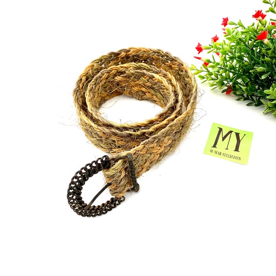 Vintage Braided Jute Belt: Natural Twine with Brass Buckle