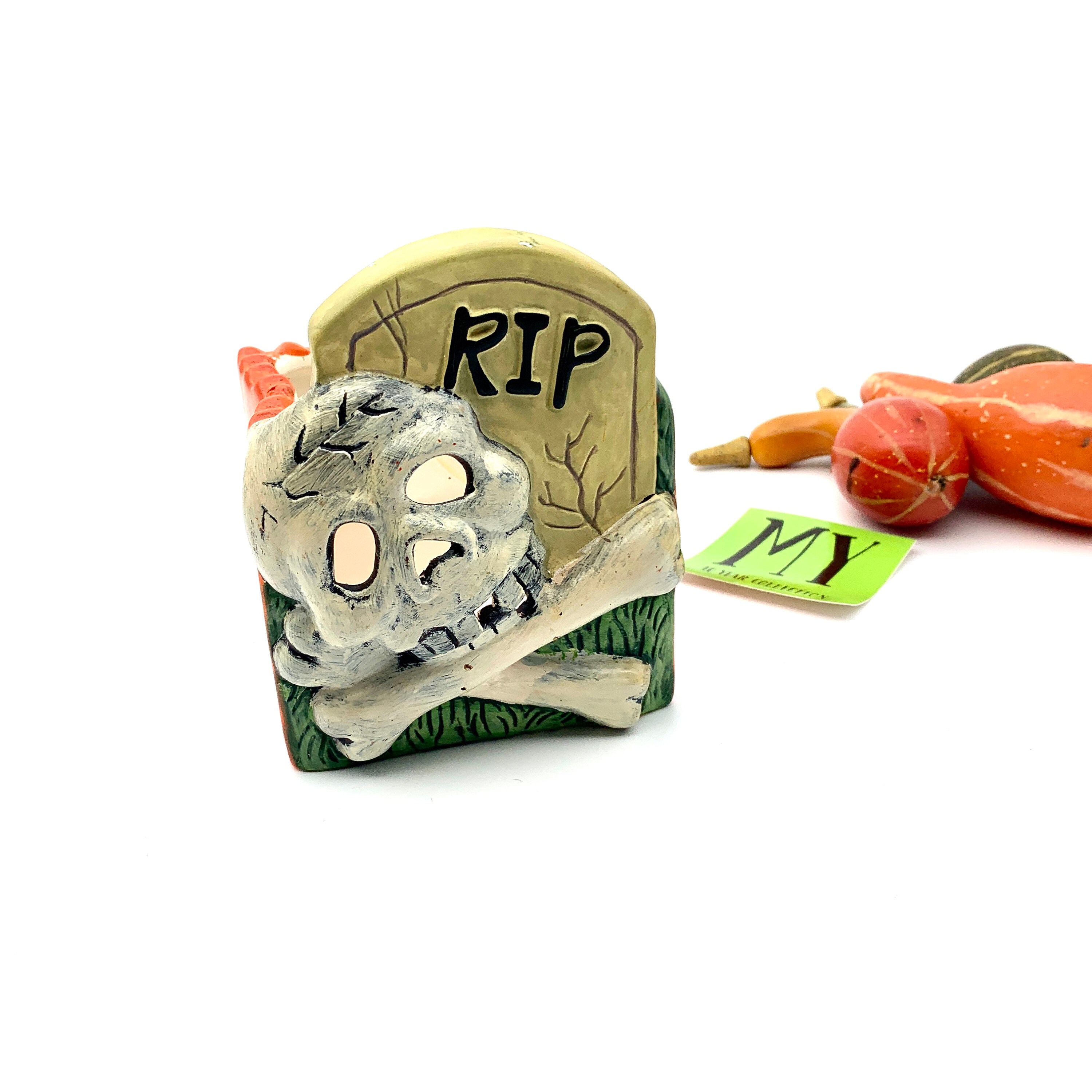 ヴィンテージの手描き磁器製ハロウィンキャンドルホルダー：スカル