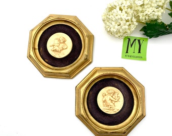 Beautiful Pair of Turner Wall Accessories Cherubs 2504 Aged Six Sided Gold Tone Frame Rustic Mid Century Decor  My40YearCollection