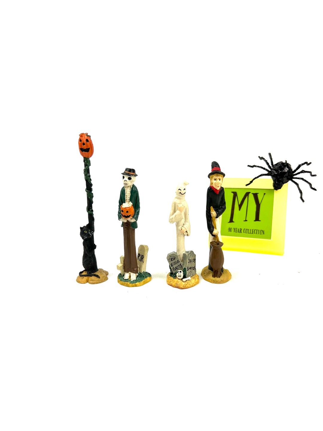 Vintage Four Skinny Halloween Figurines Black Cat, Skeleton, Ghost and