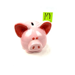 Vintage Handpainted Pottery Piggy Bank - Pink Pig Coin Bank
