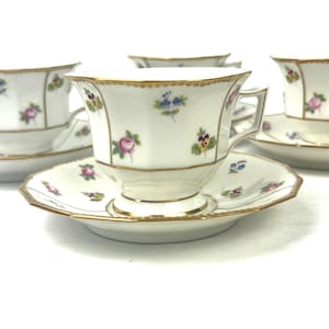 Antique Cup and Saucer - Limoges France Avance  - Small Flowers Gold Trim - Set of Four - My40YearCollection