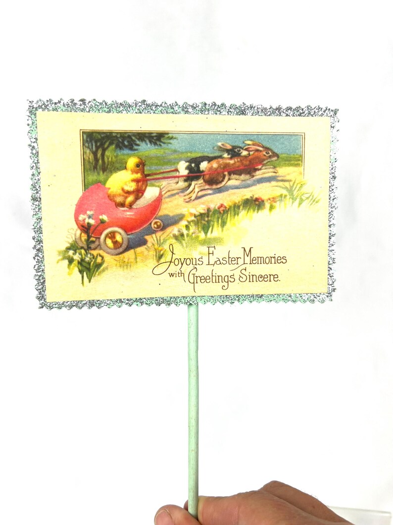 Antique Easter Postcard Upcycled Flower Pick Chick Rabbit Decor image 6