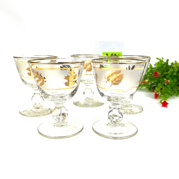 Vintage Glassware - Golden Leaf Foliage by Libbey Glass - MCM - Set of 5 Liquor Cocktail Glasses - My40YearCollection