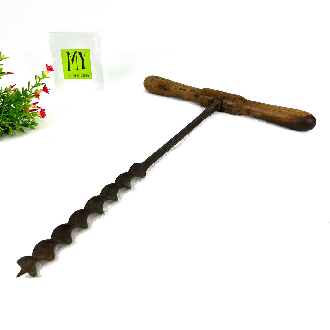 Antique Tool Primitive Hand Made Iron and Wood Auger Large Hand Wood