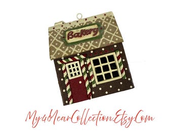 Adorno navideño de panadería vintage estilo pan de jengibre, decoración navideña para pueblo festivo, casita colgante.