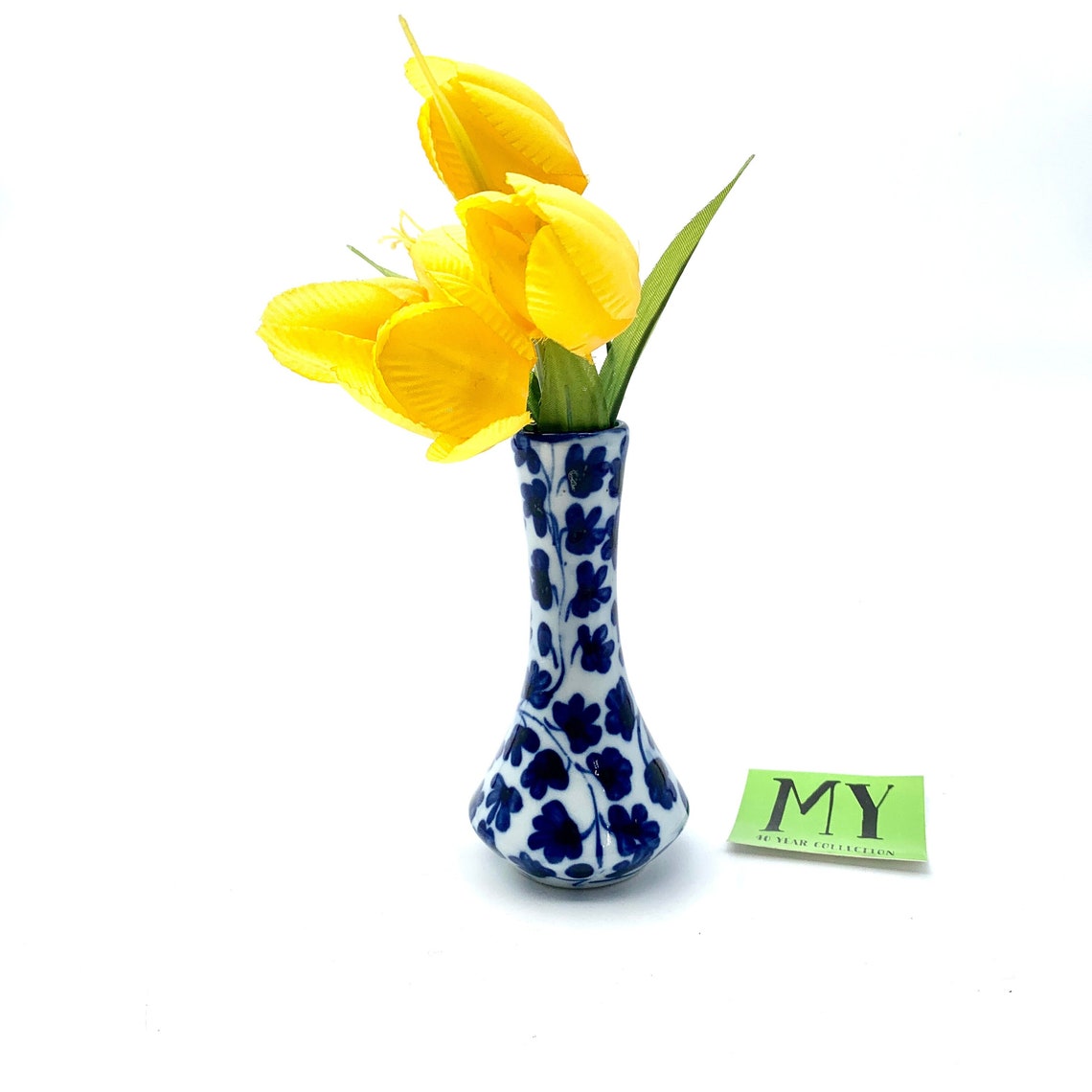 Vintage Pottery Bud Vase Blue and White Indigo on White Tulip Etsy