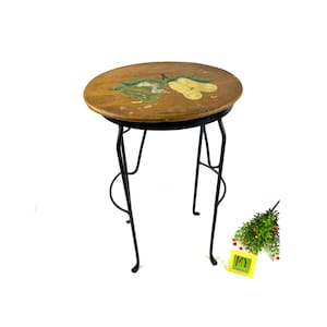 Vintage Oval Cast Iron Side Table - Wood Top - Handpainted Fruit Removable Top - Plant Display - Restoration Project - My40YearCollection