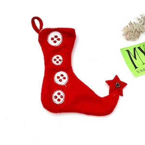 Vintage Red and White Elf Stocking Embroidered with beads Heart Tip Jester Stocking Christmas Mantle Decor My40YearCollection
