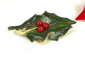 Vintage Enamel Holly Leaf Brooch: Red Berries & Rhinestone Christmas Pin