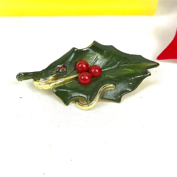 Vintage Christmas Brooch - Enamel Holly Leaf with Red Berries Brooch - Red Crystal Rhinestone - Christmas Gift Idea My40YearCollection