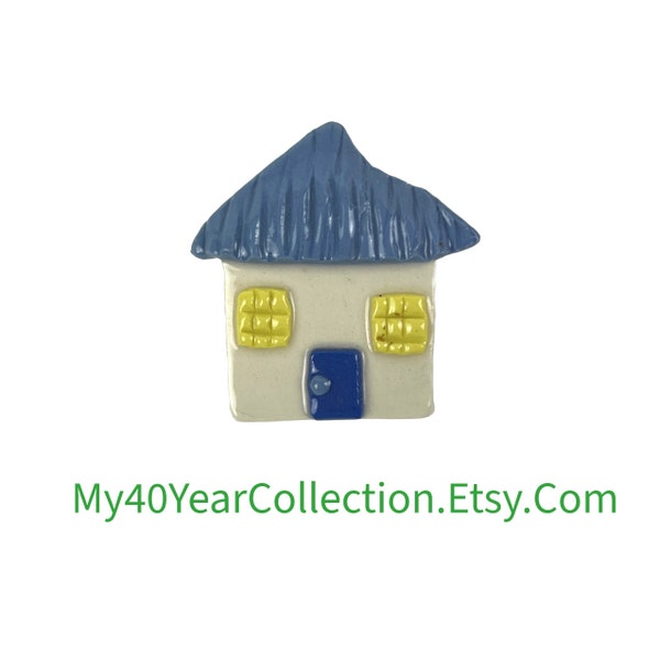 Vintage Artisan Brooch - Ceramic Little House with Blue Roof Brooch - Handpainted House Brooch - Housewarming Gift - My40YearCollection