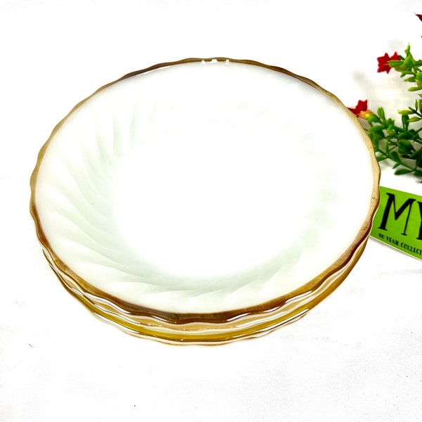 Beautiful Set of Four Anchor Hocking Oven Proof Milk Glass Suburbia Swirl 22K Gold Trim Bowls My40YearCollection