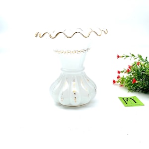 Antique Opaline Vase: Gold Enameled Ruffled Milk Glass, French Country Decor