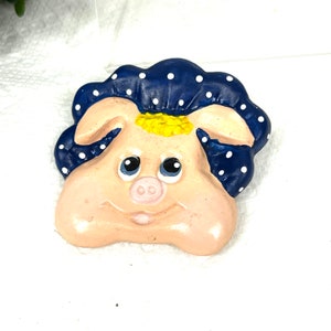 Vintage Refrigerator Magnet - Adorable Ceramic Pig Face with Blue and White Dot Bonnet Magnet- Pig Decor - My40YearCollection