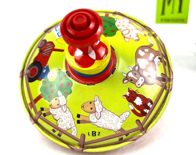 Vintage LBZ Toy Spinning Top Metal Toy Farm Animals Motif Gift for Child Working Condition