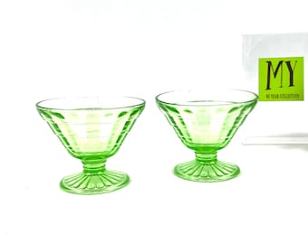 Vintage Anchor Hocking Grüne Sherbet-Tassen - Depressionsgläser in Blockoptik (2er-Set)