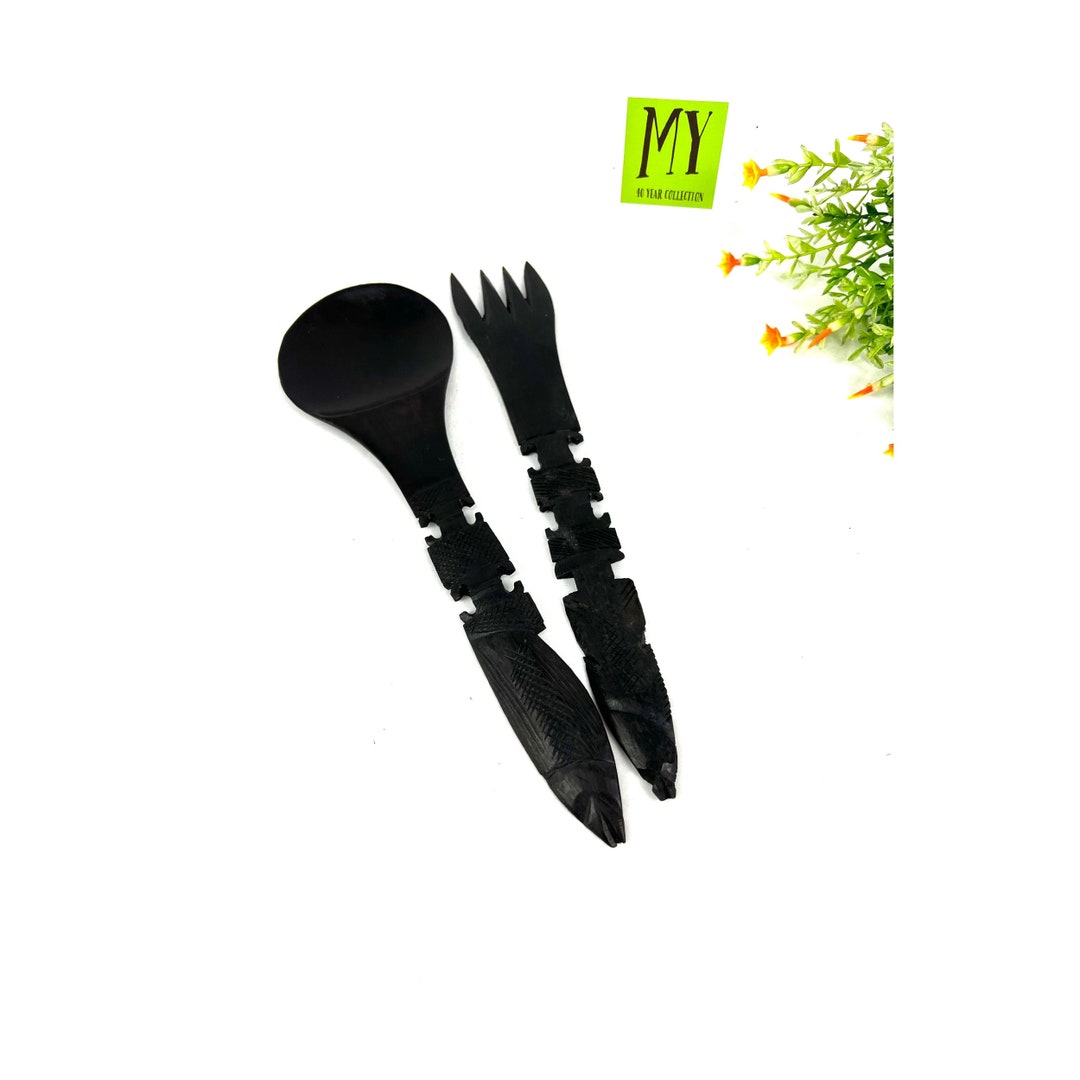 Vintage African Ebony Wood Salad Servers Set of 2 Utensils Decorative